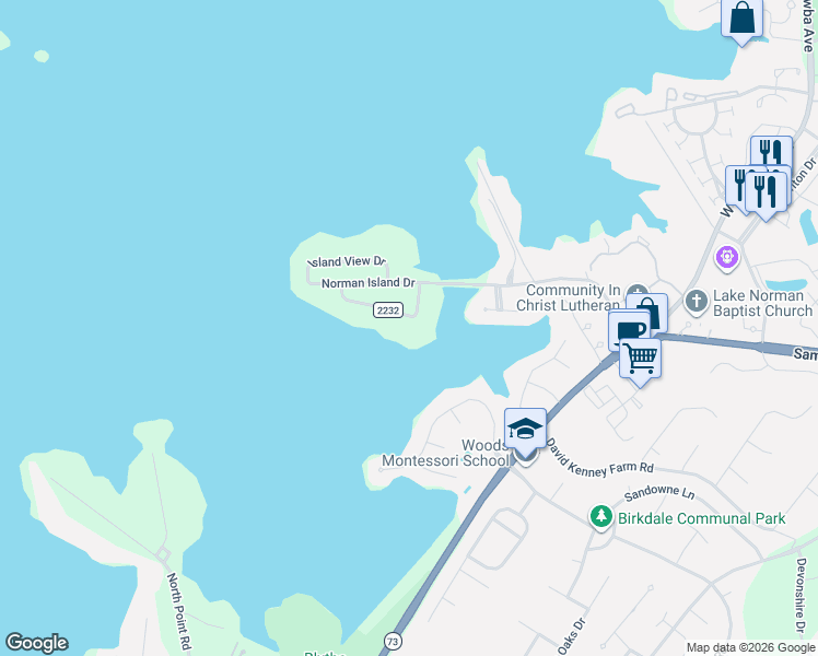 map of restaurants, bars, coffee shops, grocery stores, and more near 16828 Lakeshore Drive in Cornelius