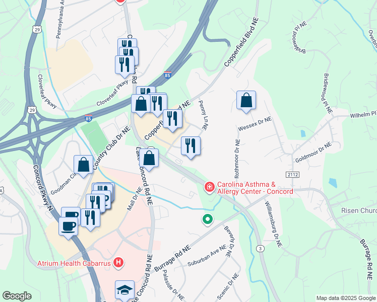 map of restaurants, bars, coffee shops, grocery stores, and more near 334 Penny Lane Northeast in Concord
