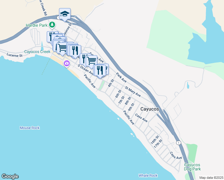 map of restaurants, bars, coffee shops, grocery stores, and more near 84 5th Street in Cayucos