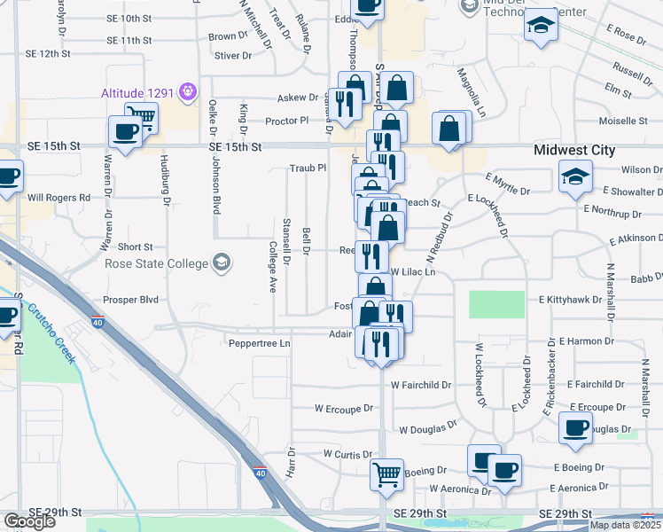 map of restaurants, bars, coffee shops, grocery stores, and more near 904 Sandra Drive in Midwest City