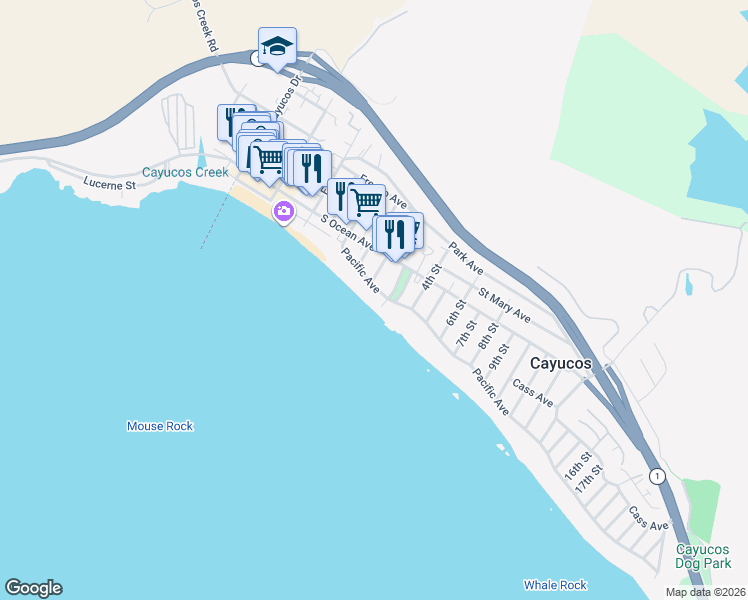 map of restaurants, bars, coffee shops, grocery stores, and more near in Cayucos