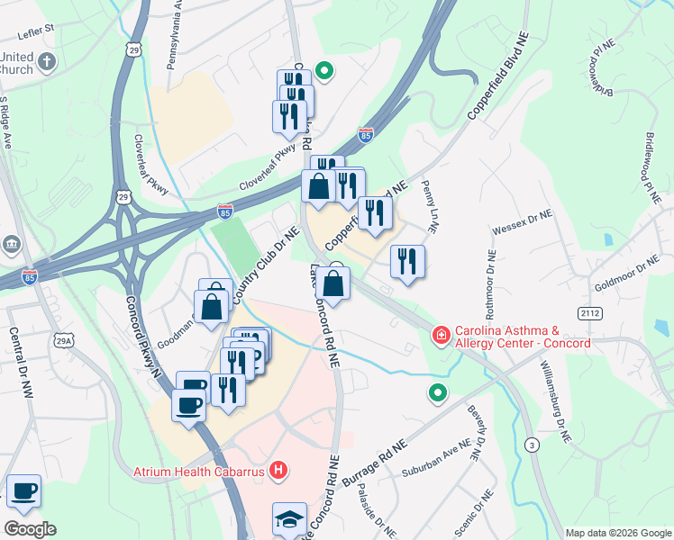 map of restaurants, bars, coffee shops, grocery stores, and more near 540 Lake Concord Road Northeast in Concord