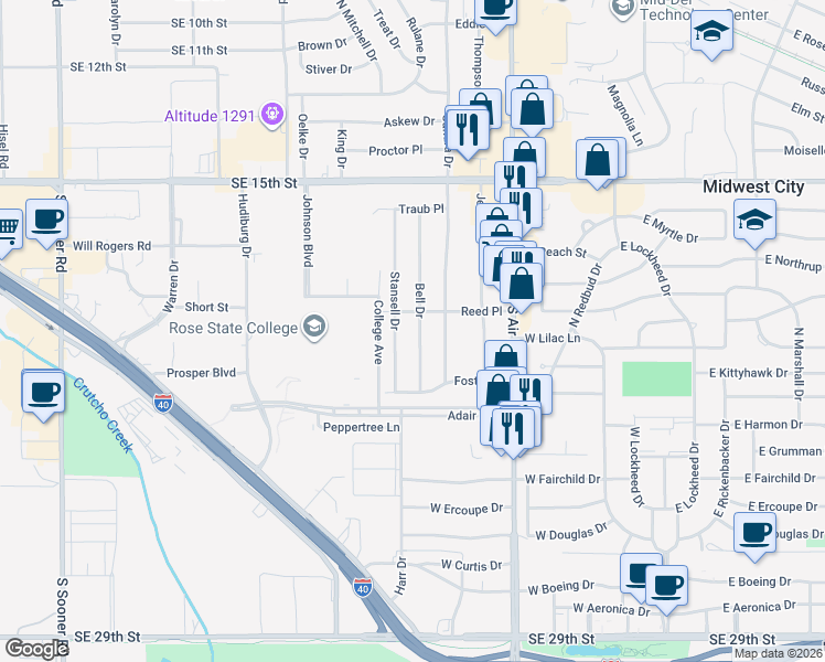 map of restaurants, bars, coffee shops, grocery stores, and more near 905 Bell Drive in Midwest City