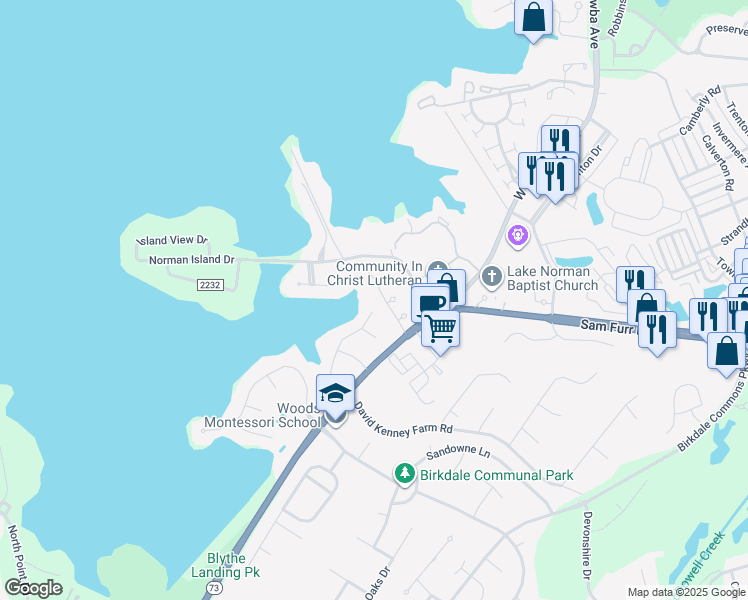 map of restaurants, bars, coffee shops, grocery stores, and more near 7600 Woods Lane in Cornelius