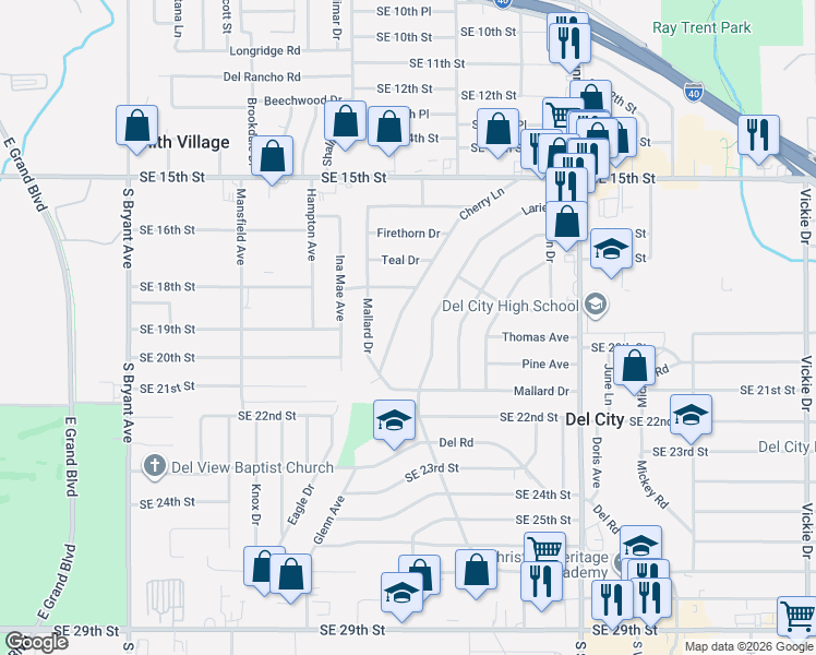 map of restaurants, bars, coffee shops, grocery stores, and more near 1905 Lariet Lane in Del City