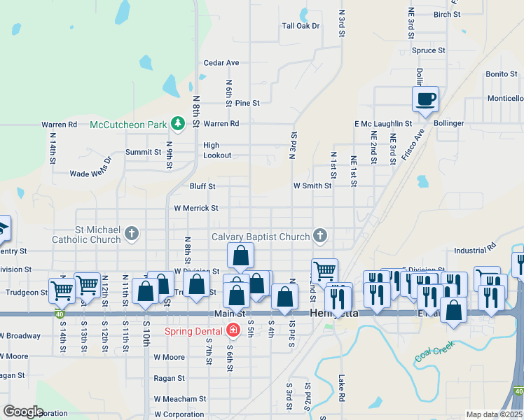 map of restaurants, bars, coffee shops, grocery stores, and more near 405 West Merrick Street in Henryetta