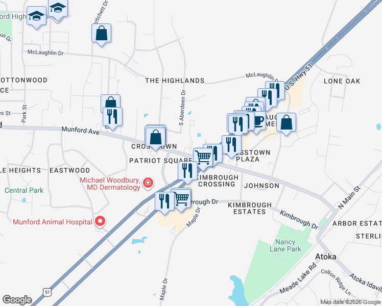map of restaurants, bars, coffee shops, grocery stores, and more near 70 Munford Avenue in Munford