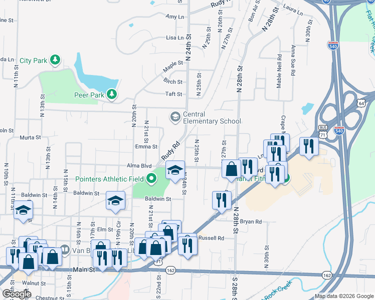 map of restaurants, bars, coffee shops, grocery stores, and more near 722 North 24th Street in Van Buren