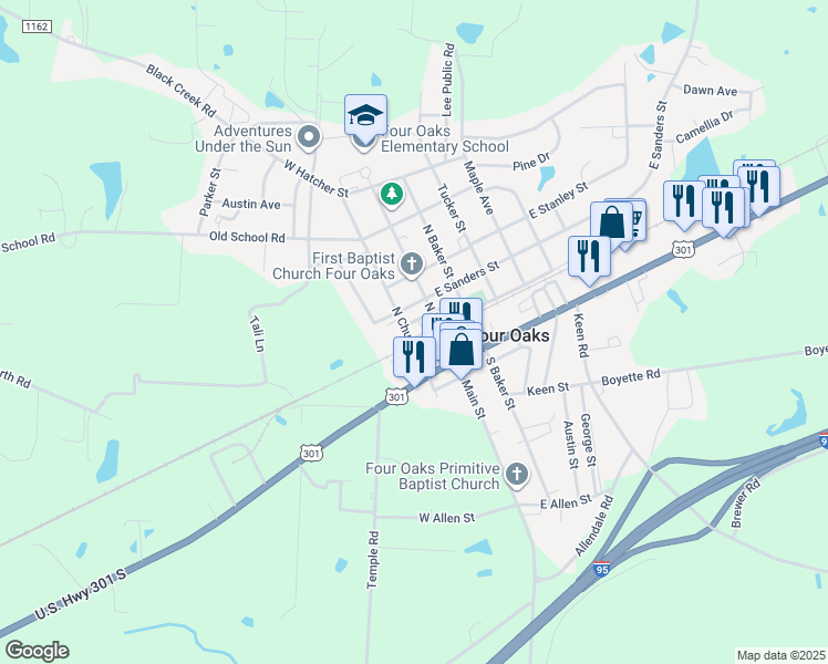 map of restaurants, bars, coffee shops, grocery stores, and more near 106 East North Railroad Street in Four Oaks