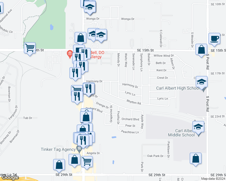 map of restaurants, bars, coffee shops, grocery stores, and more near 1900 Lullaby Lane in Midwest City