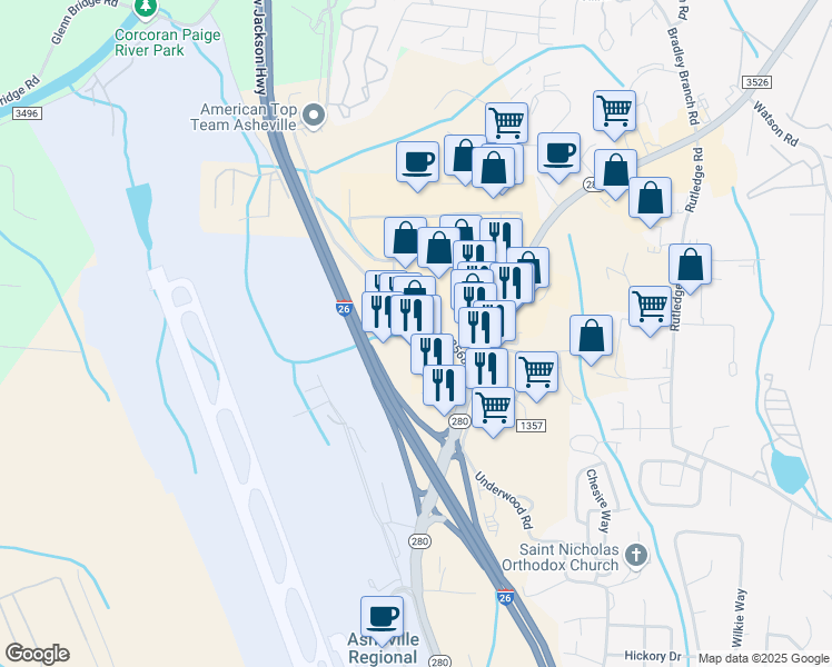 map of restaurants, bars, coffee shops, grocery stores, and more near 336 Rockwood Road in Arden