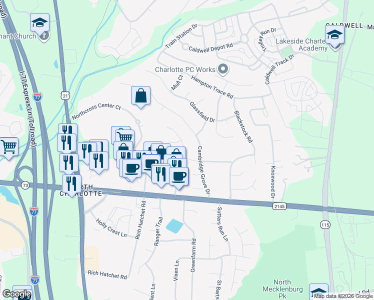 map of restaurants, bars, coffee shops, grocery stores, and more near 16908 Stinson Avenue in Huntersville