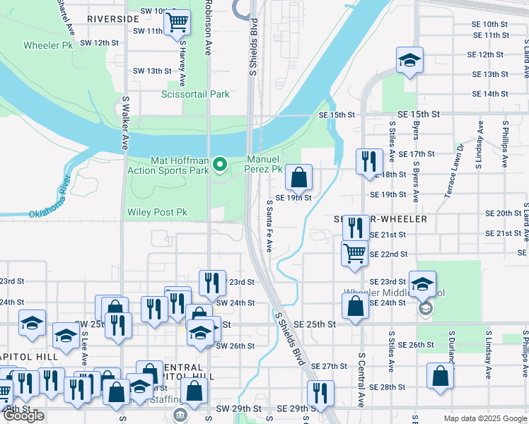 map of restaurants, bars, coffee shops, grocery stores, and more near 2058 South Shields Boulevard in Oklahoma City