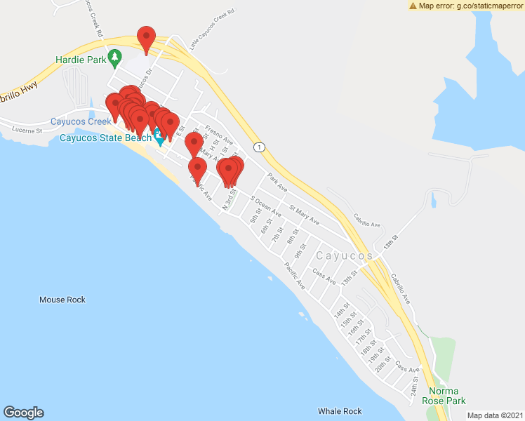 map of restaurants, bars, coffee shops, grocery stores, and more near 84 5th Street in Cayucos