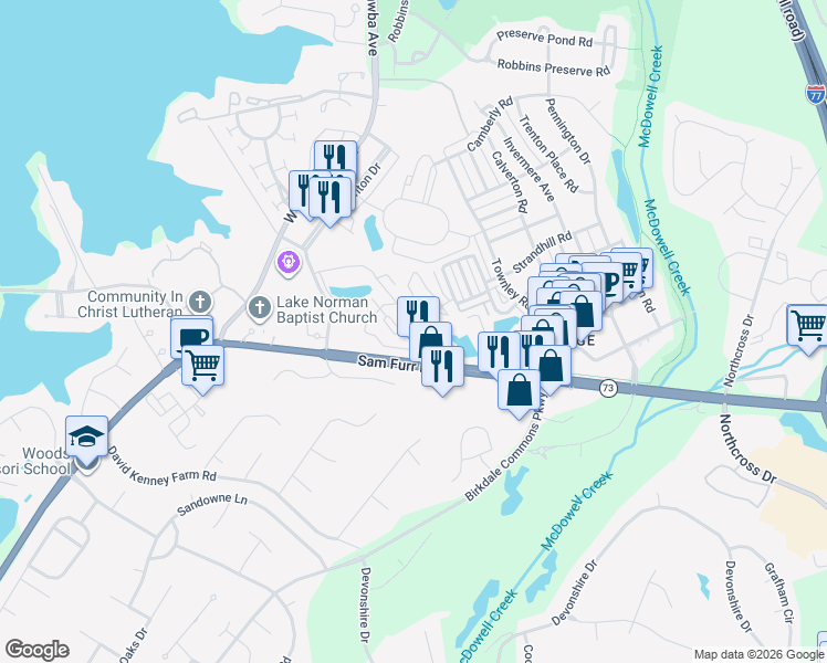 map of restaurants, bars, coffee shops, grocery stores, and more near 16930 Sedgebrook Lane in Huntersville