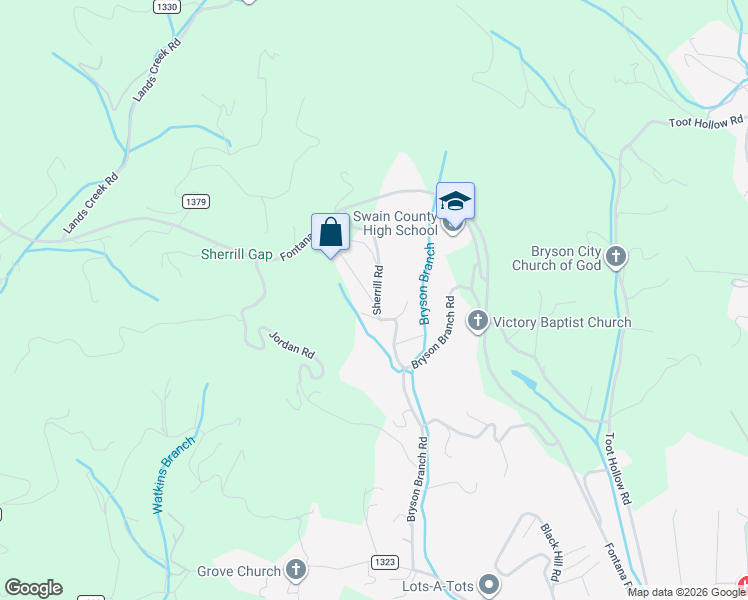 map of restaurants, bars, coffee shops, grocery stores, and more near 221 Sherrill Road in Bryson City
