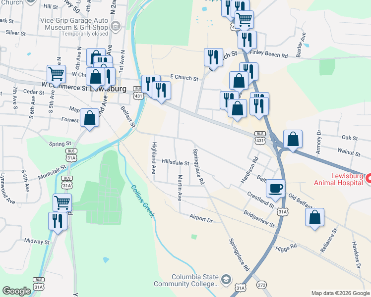 map of restaurants, bars, coffee shops, grocery stores, and more near 413 Martin Avenue in Lewisburg