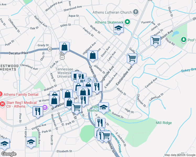 map of restaurants, bars, coffee shops, grocery stores, and more near 205 Green St in Athens