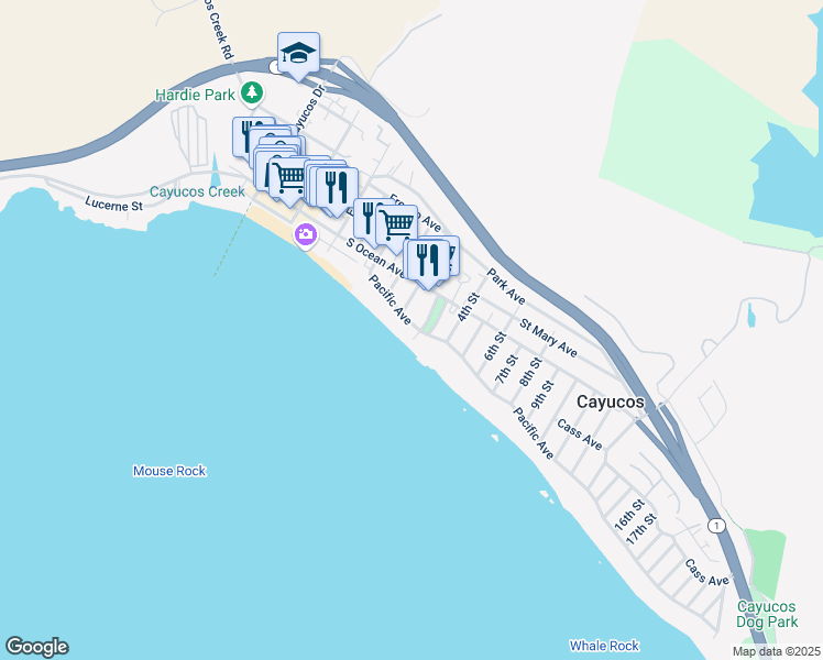 map of restaurants, bars, coffee shops, grocery stores, and more near 284 Pacific Avenue in Cayucos