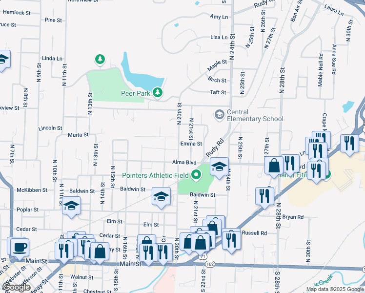 map of restaurants, bars, coffee shops, grocery stores, and more near 807 North 20th Street in Van Buren