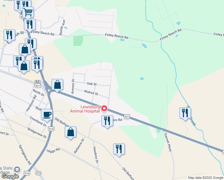 map of restaurants, bars, coffee shops, grocery stores, and more near 229 Elm Avenue in Lewisburg