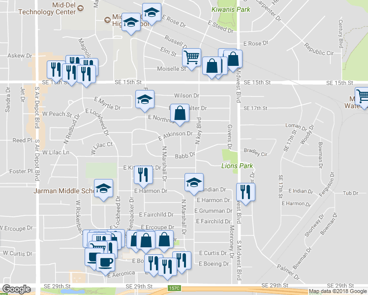 map of restaurants, bars, coffee shops, grocery stores, and more near 904 Borum Place in Midwest City