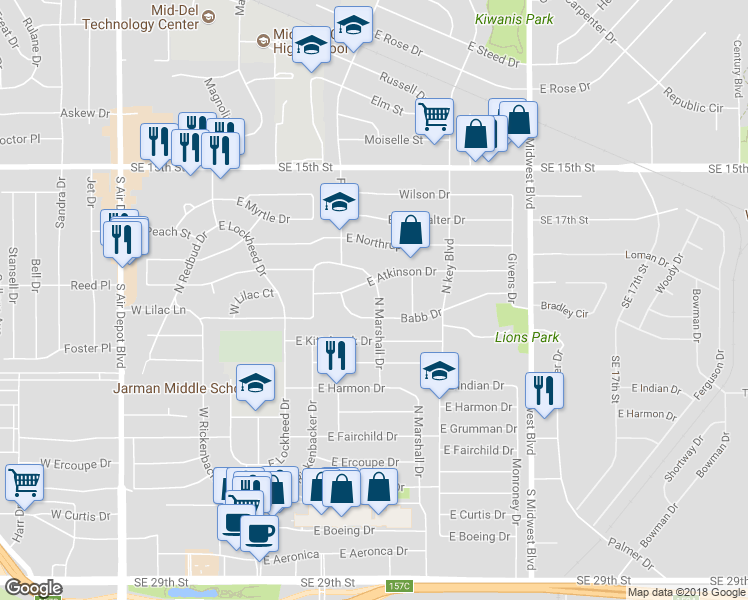 map of restaurants, bars, coffee shops, grocery stores, and more near 907 North Marshall Drive in Midwest City