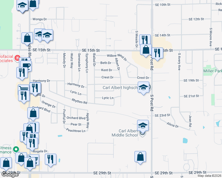 map of restaurants, bars, coffee shops, grocery stores, and more near 9709 Sonata Court in Midwest City