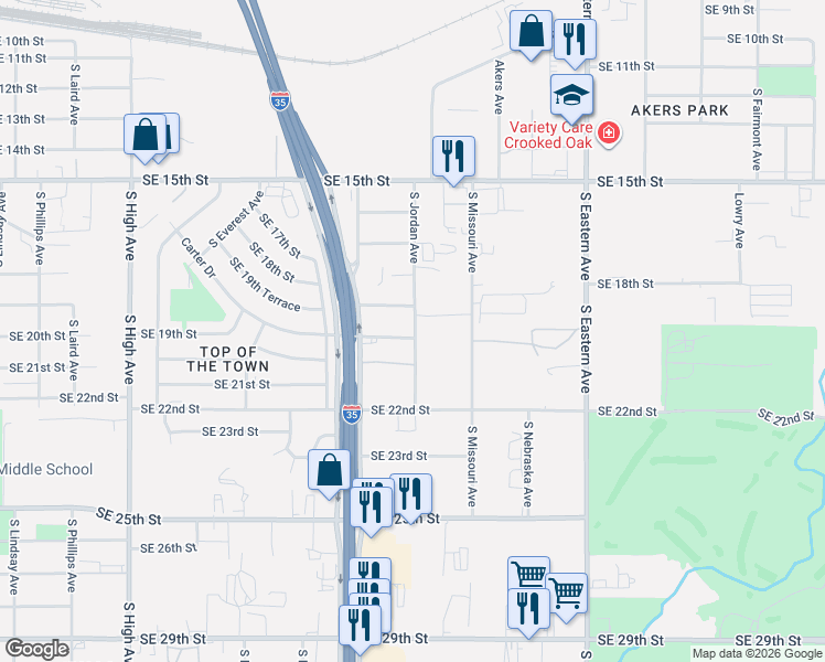 map of restaurants, bars, coffee shops, grocery stores, and more near 1443 Southeast 20th Street in Oklahoma City
