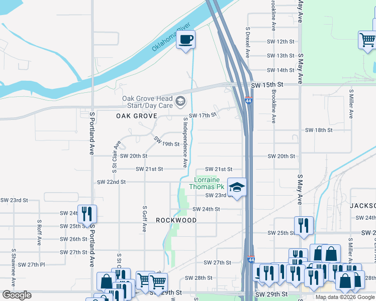 map of restaurants, bars, coffee shops, grocery stores, and more near 2012 South Independence Avenue in Oklahoma City