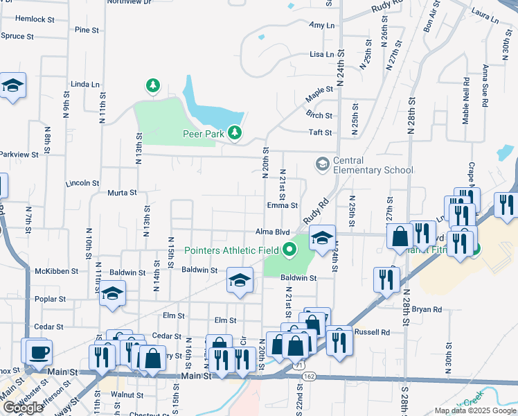 map of restaurants, bars, coffee shops, grocery stores, and more near 807 North 20th Street in Van Buren