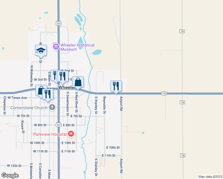 map of restaurants, bars, coffee shops, grocery stores, and more near 15872 Texas 152 in Wheeler