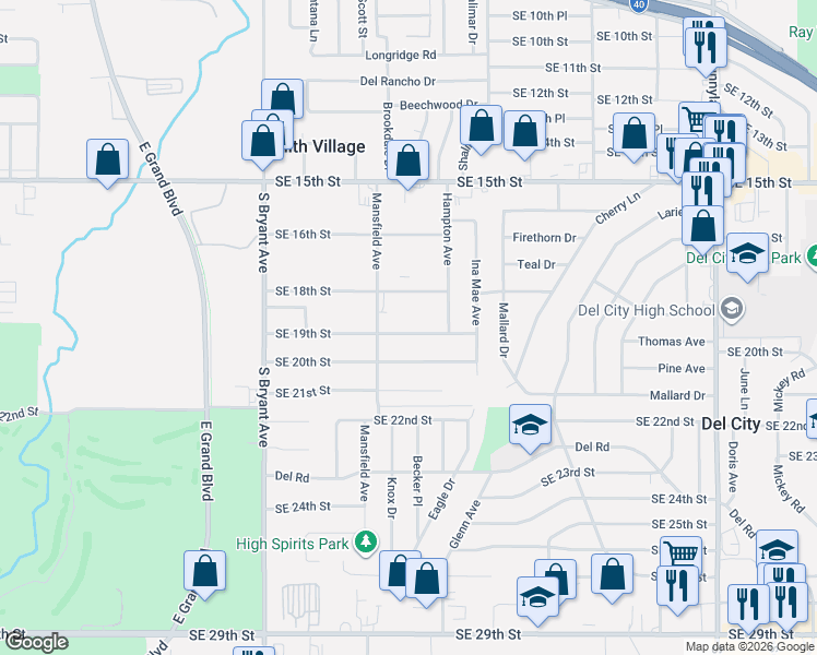 map of restaurants, bars, coffee shops, grocery stores, and more near 3221 Southeast 19th Street in Del City