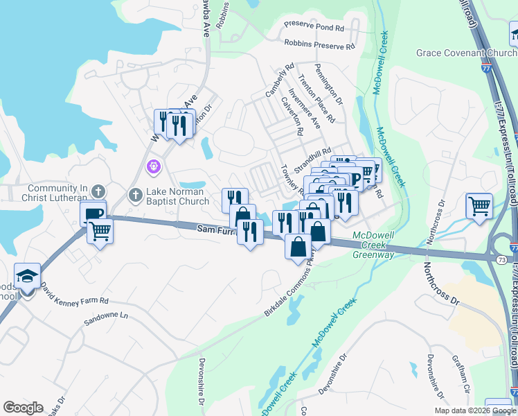 map of restaurants, bars, coffee shops, grocery stores, and more near 8425 Strathburn Court in Huntersville