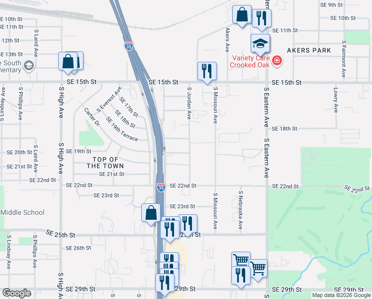 map of restaurants, bars, coffee shops, grocery stores, and more near 1443 Southeast 20th Street in Oklahoma City