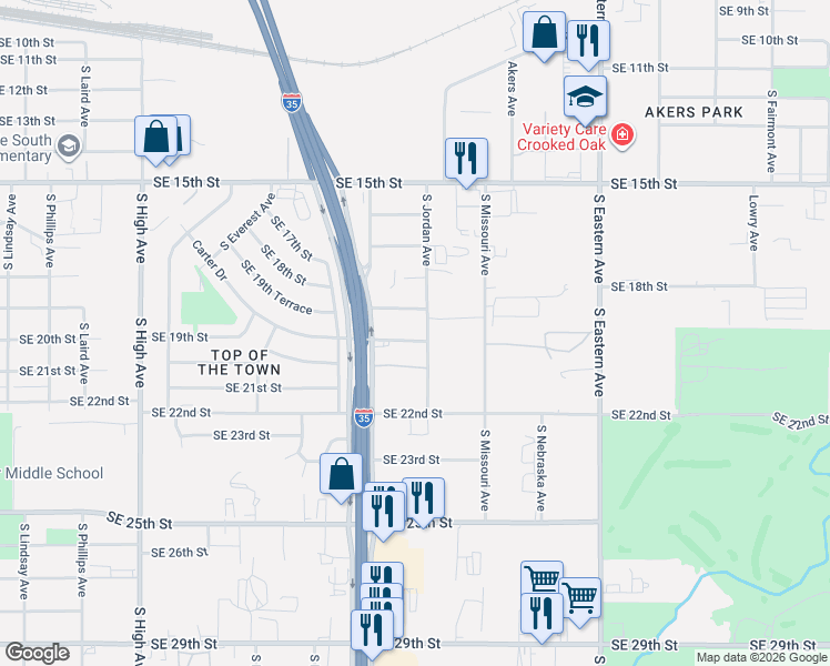 map of restaurants, bars, coffee shops, grocery stores, and more near 1443 Southeast 20th Street in Oklahoma City