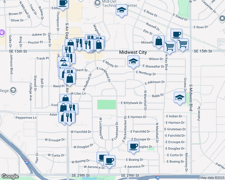 map of restaurants, bars, coffee shops, grocery stores, and more near 102 West Lilac Court in Midwest City