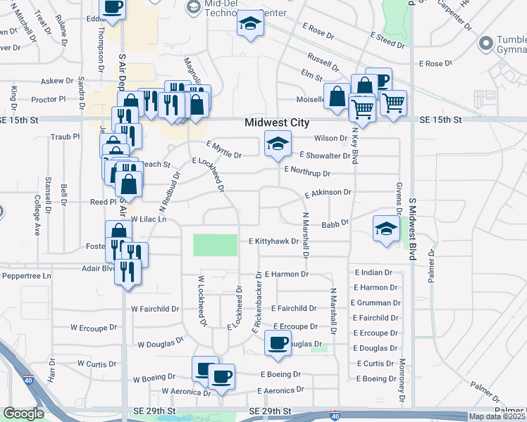 map of restaurants, bars, coffee shops, grocery stores, and more near 907 North Lilac Lane in Midwest City