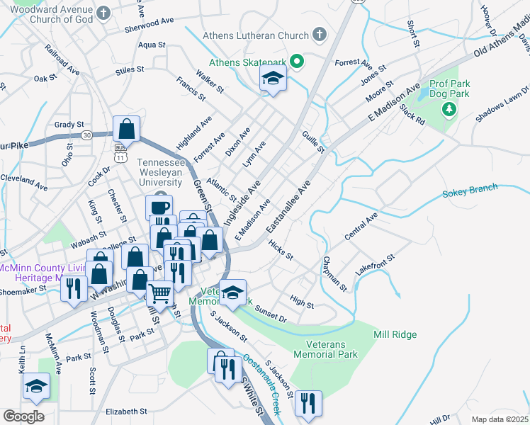 map of restaurants, bars, coffee shops, grocery stores, and more near 505 East Madison Avenue in Athens