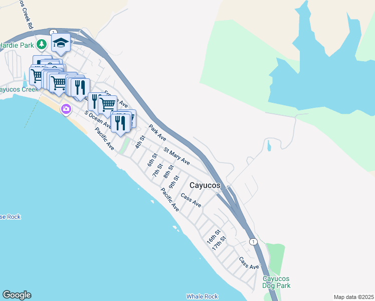 map of restaurants, bars, coffee shops, grocery stores, and more near 833 Park Avenue in Cayucos