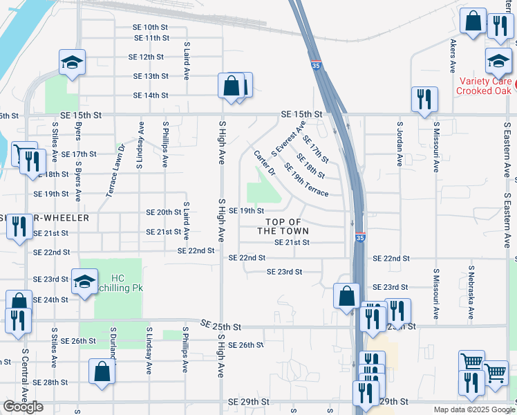 map of restaurants, bars, coffee shops, grocery stores, and more near 1129 Southeast 19th Street in Oklahoma City