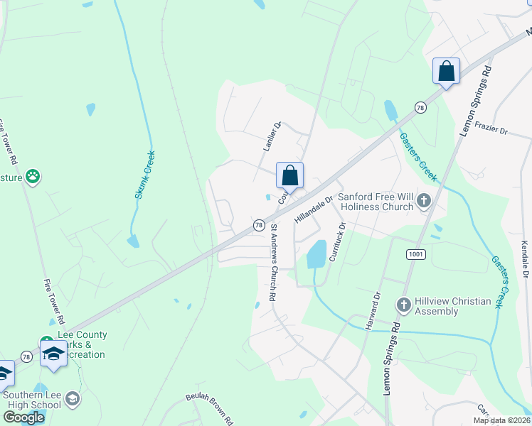 map of restaurants, bars, coffee shops, grocery stores, and more near 3006 Hillandale Drive in Sanford