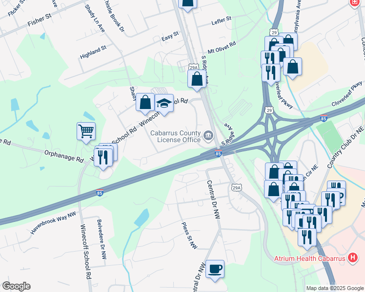 map of restaurants, bars, coffee shops, grocery stores, and more near 271 Stewart Street Northwest in Concord