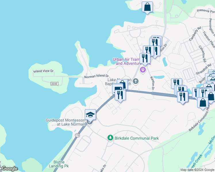 map of restaurants, bars, coffee shops, grocery stores, and more near 7603 Woods Lane in Cornelius