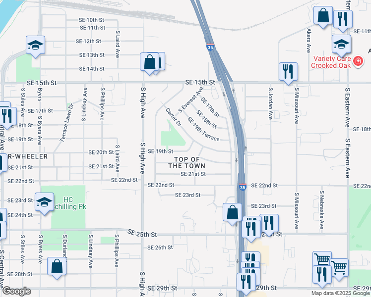 map of restaurants, bars, coffee shops, grocery stores, and more near 1165 Southeast 19th Street in Oklahoma City