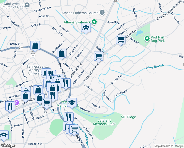 map of restaurants, bars, coffee shops, grocery stores, and more near 703 Eastanallee Avenue in Athens