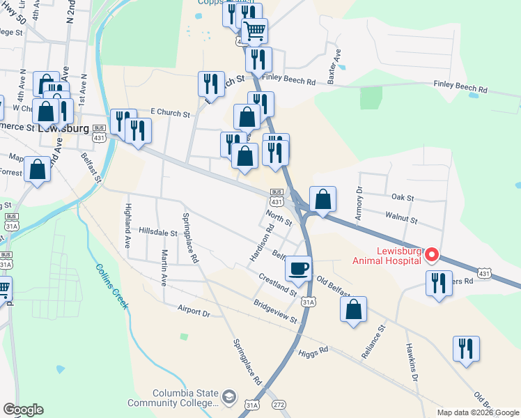 map of restaurants, bars, coffee shops, grocery stores, and more near 200 Hickory Avenue in Lewisburg