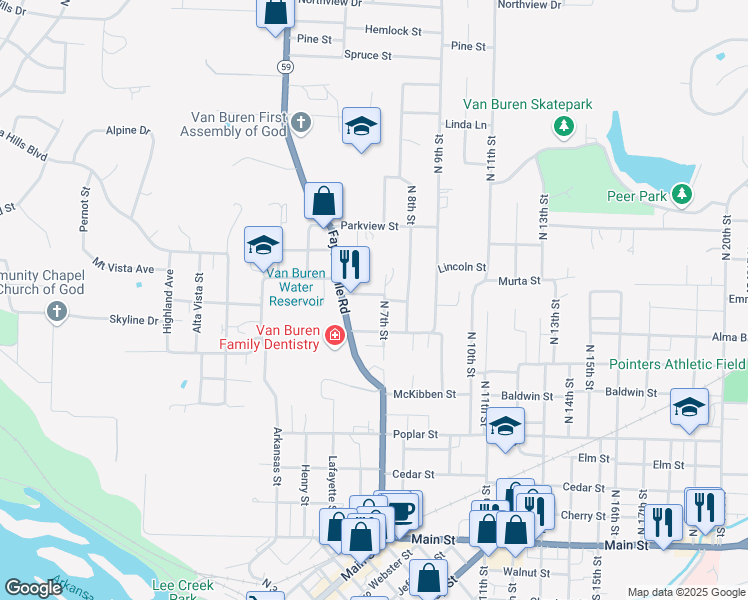 map of restaurants, bars, coffee shops, grocery stores, and more near 712 Adeline Lane in Van Buren