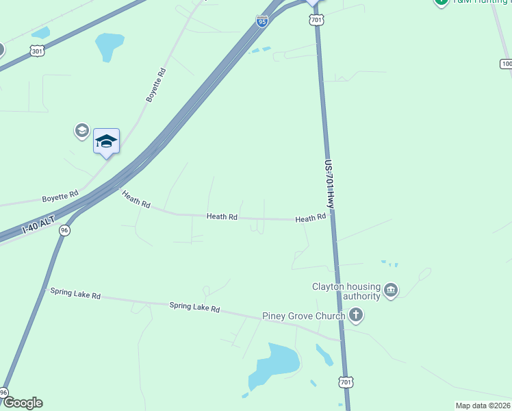 map of restaurants, bars, coffee shops, grocery stores, and more near 222 Heath Road in Four Oaks