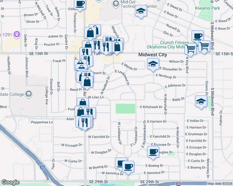 map of restaurants, bars, coffee shops, grocery stores, and more near 116 West Lilac Court in Midwest City